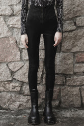Black Bat Embroidered Waist Elastic Fine-Grained Fluff Metal Zipper Design Tight Women's Punk Leather Pants